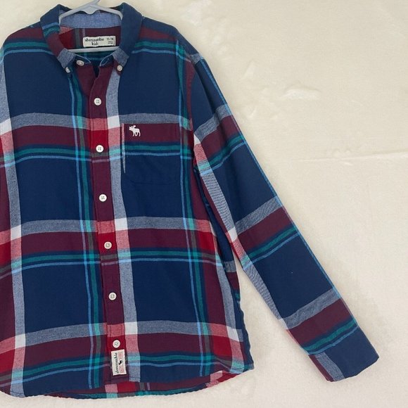 Abercrombie Kids Boys Flannel Shirt Size 13-14 Red Blue White Plaid Long Sleeve - Picture 5 of 15